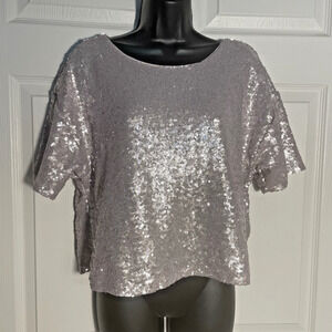 Anthropologie Shirt Women Large Beige Iradescent Sequins Cropped Short Sleeve